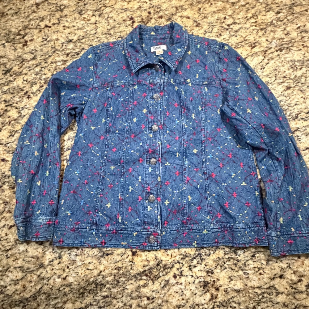 Christopher Banks Womens Blue Denim Pant Splatter Button Front Jacket M